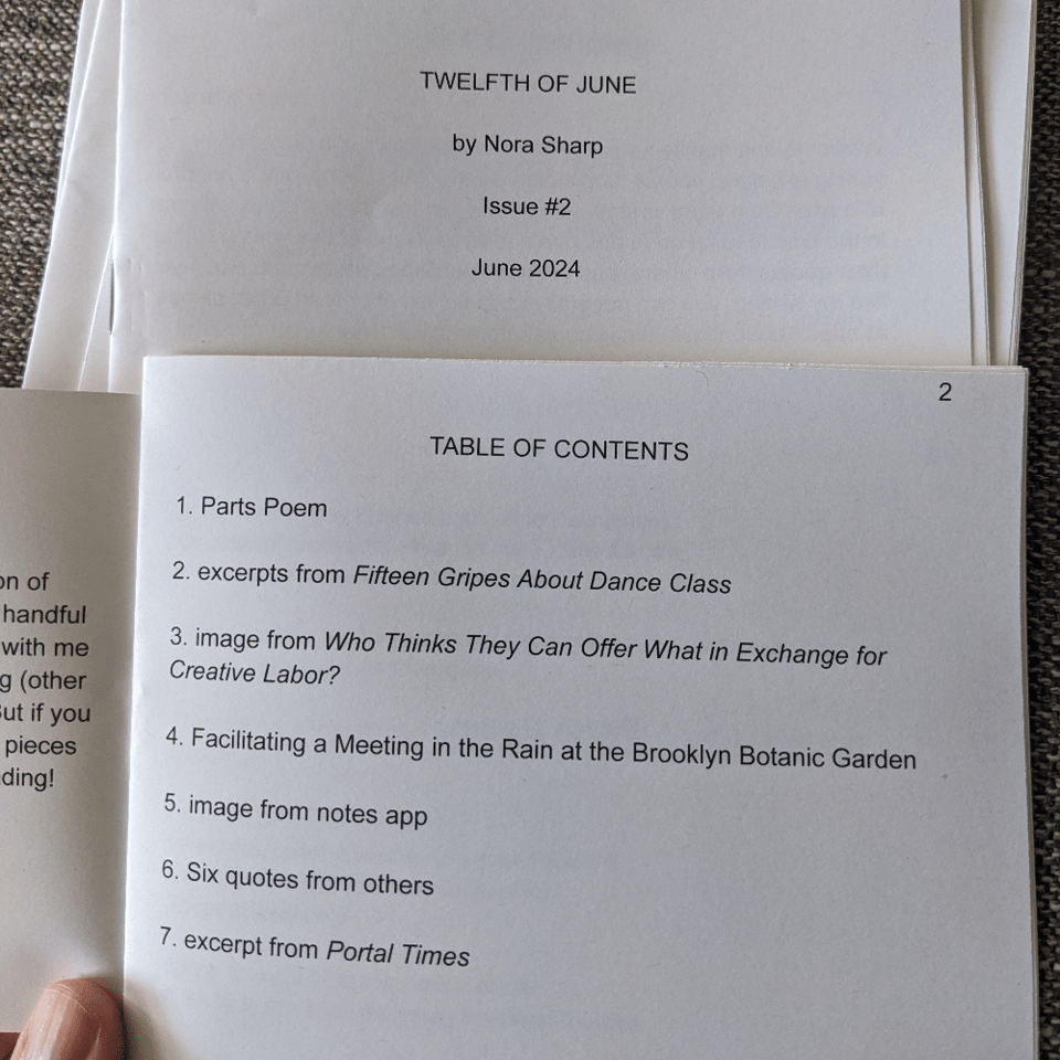 A zine with the table of contents showing as well as the front cover above. The zine is called Twelfth of June by Nora Sharp from June 2024. The table of contents includes items like "Parts Poem" and "excerpts from Fifteen Gripes About Dance Class."