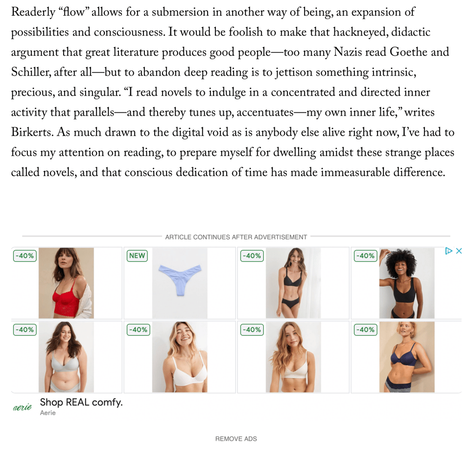 screen cap of a LitHub article broken up by a display ad for bras