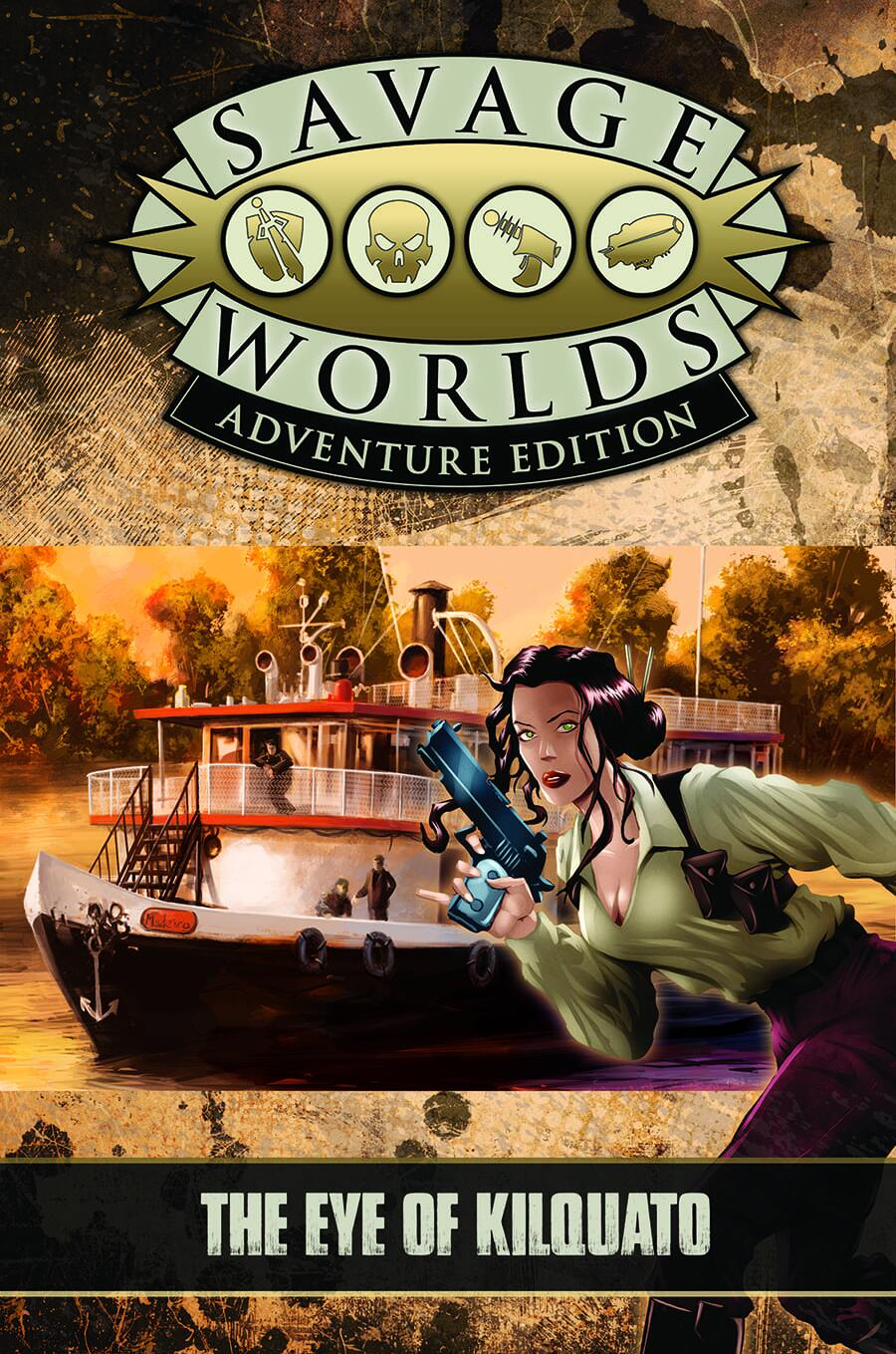 a tramp steamer heading down the Amazon as a beautiful adventuress holds a gun