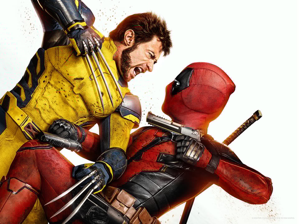 an image of deadpool and wolverine, fighting one another with claws and guns