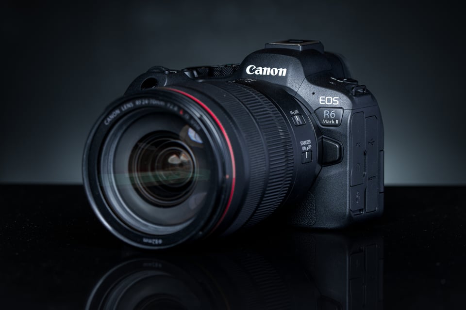 A photo of a Canon EOS R6 mark II digital mirrorless camera with Canon's RF 24-105mm f/4 lens.