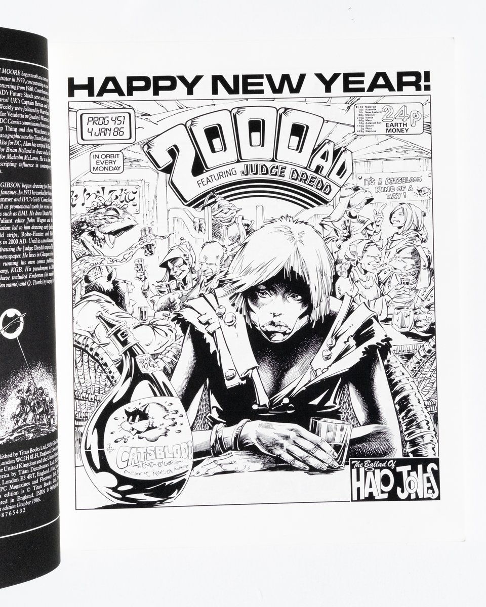 Cover image of Prog 451 from 2000ad featured in Halo Jones volume 3. Halo sits dejected at a bar with a bottle of Catsblood liquor. Behind her the other patrons are engaged in various forms of revelry