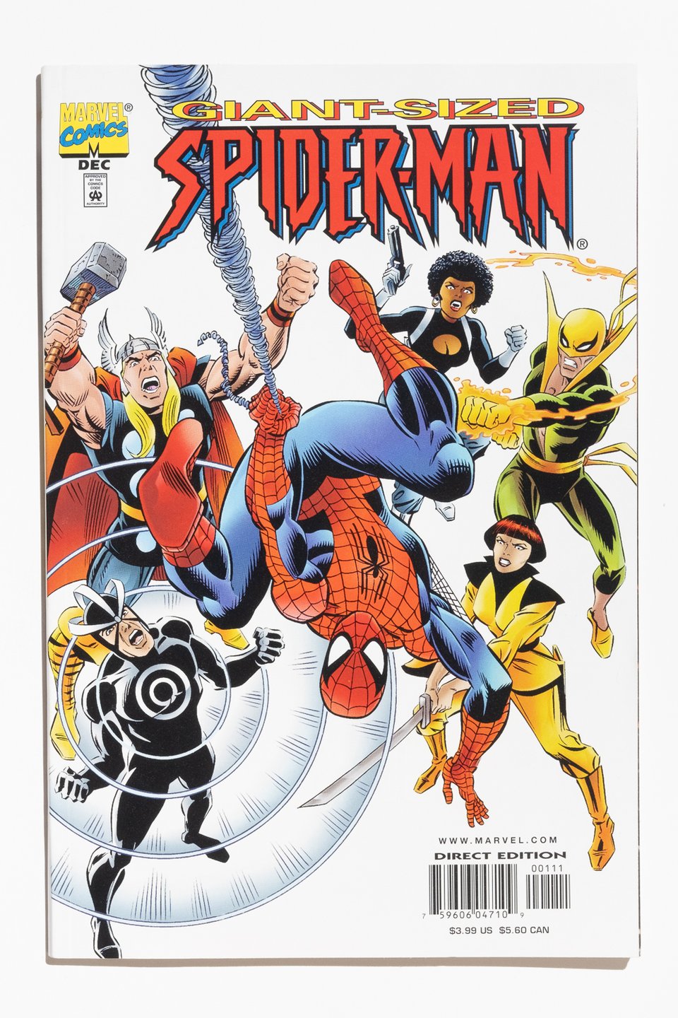 the cover of "Giant-Sized Spider-Man" that features Spidey webswinging towards the read against a white background populated by his co-stars in the book. They are: Thor, Havok, Misty Knight, Iron Fist, and Colleen Wing