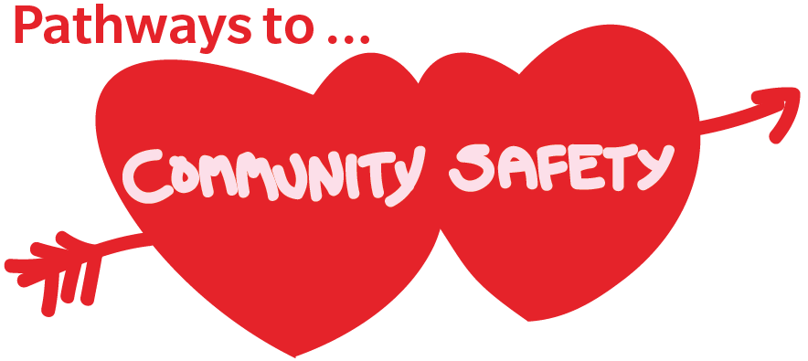 Pathways to Community Safety, with Pathways to… in a bright red serif type and community safety in a hand written pink type inside two hearts struck through with Cupid's arrow like an old Valentine's card.