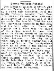 Screenshot from the Daily Colonist newspaper. "Egene Whittier Funeral"
