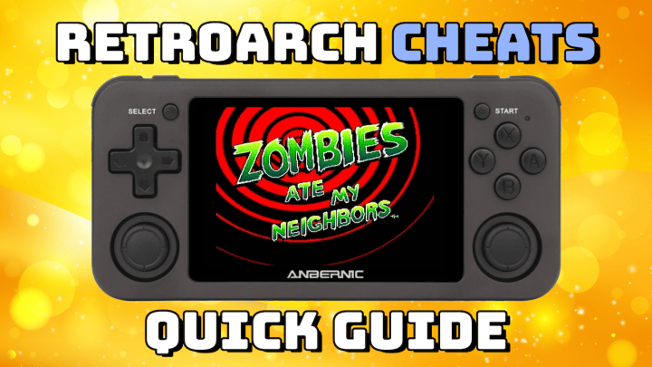 a retro gaming handheld displaying the title "zombies ate my neighbors" with the caption "retroarch cheats quick guide"