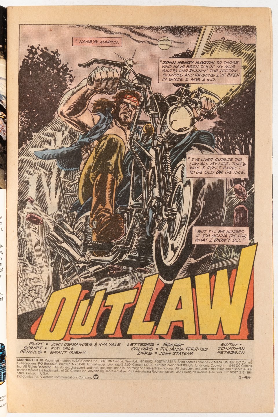 title page of Manhunter 16 illustrated by Grant Miehm of a man riding a motorcycle