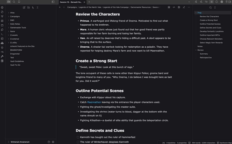 A screenshot of my Obsidian vault with a session note open showing various steps from Return of the Lazy Dungeon Master.