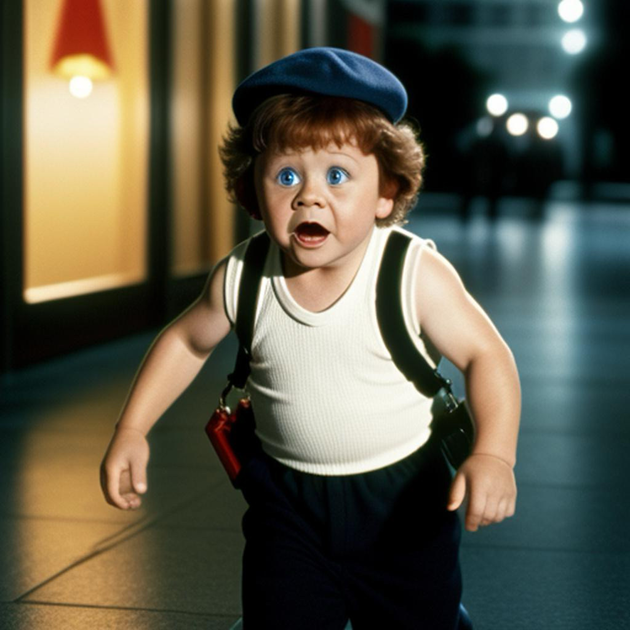 a young boy wearing suspenders and a hat