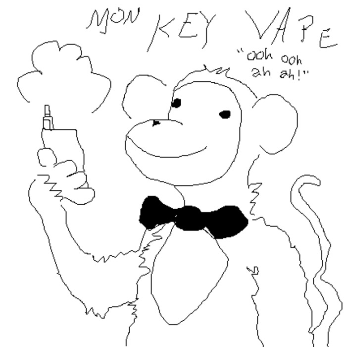 An MS paint drawing from the chest up of a cartoon monkey wearing a bow tie and holding a large vaping device. Text says,