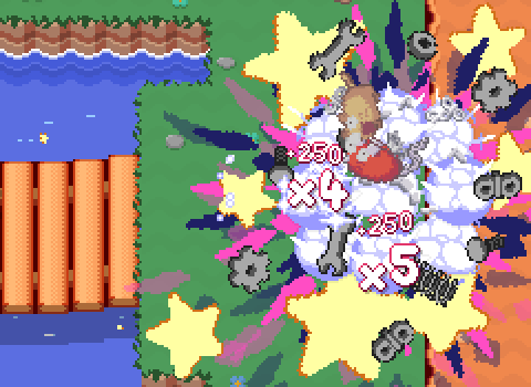 two enemies exploding against a wall. there are pink and blue lines flying outwards from the blue explosion, and there are big cartoon stars and robot parts flying outwards in the foreground
