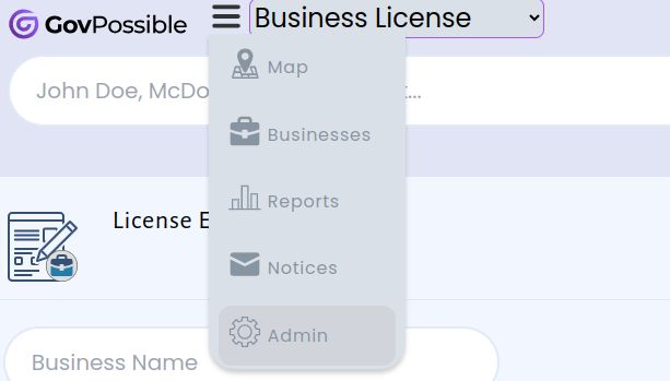 The menu of the licensing area of GovPossible showing with the admin menu item highlighted