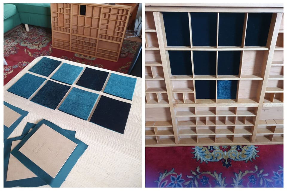 Collage of 2 photos: cardboard rectangles glued to velvet fabric and the trinket shelf in the background; some of the rectangles placed inside the trinket shelf, all of them looking very dark green, apart from one, which is lighter, because it was placed upside down, and had to be carefully fiddled out again with a scalpel.