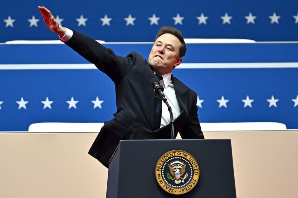 January 20, 2025: Elon Musk performs one of several Sieg Heil gestures with contorted face and raised, extended right arm at Trump's second inauguration rally