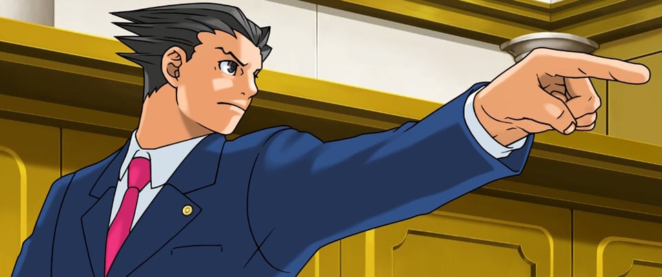Phoenix Right in his iconic "Objection!" pose, pointing across the courtroom.