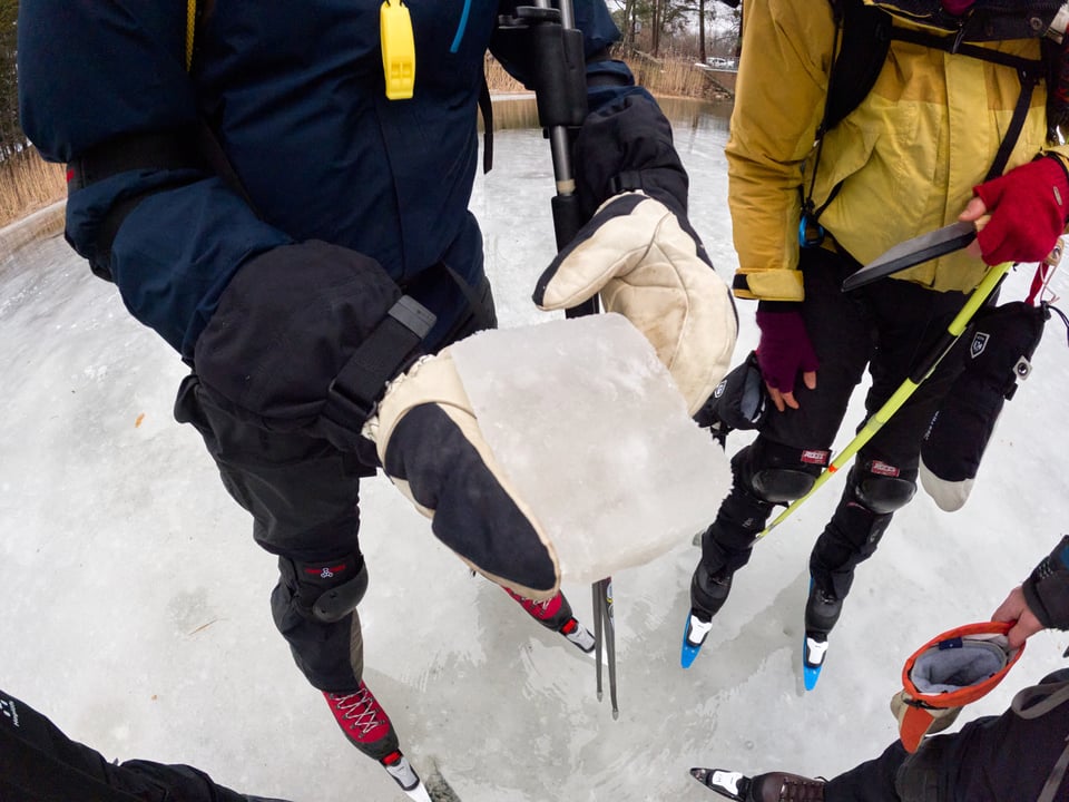 A group of skaters inspecting a chunk of ice.