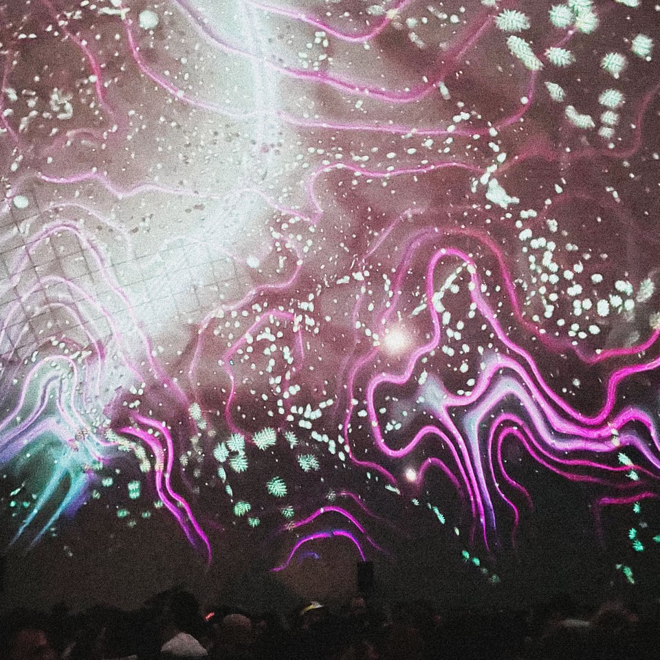 a psychedelic light show towers above the heads of the ravers at a party in Montreal