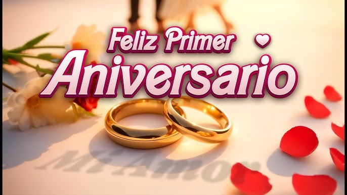 a graphic of two wedding rings with flower petals and a silhouette of a married heterosexual couple overlaid with the words "Feliz Primer Aniversario Mi Amor"