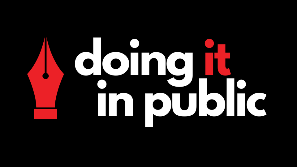A fountain pen nib and the words "doing it in public"