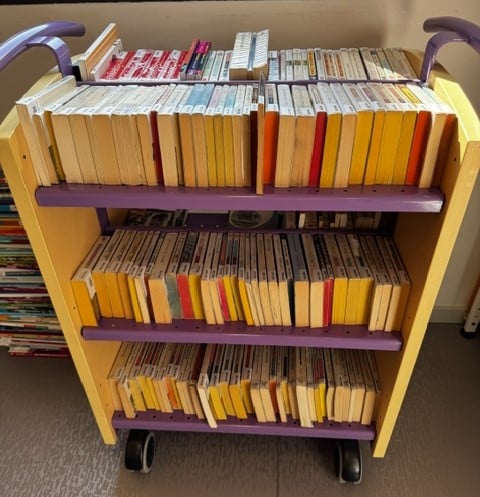 Chariot du CDI avec les livres éliminés du fonds et offerts au don