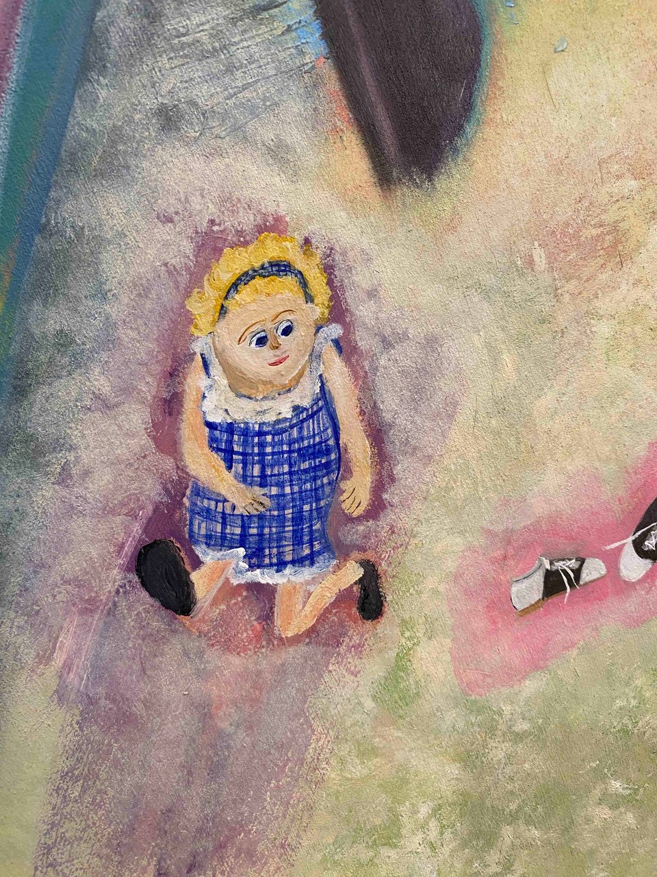 a painting of a blonde haired white doll with a blue gingham dress
