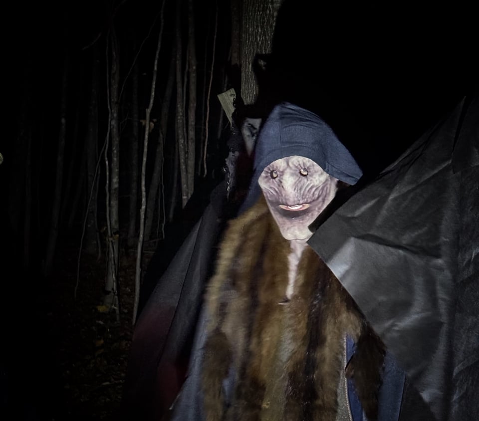 a reptillian masked figure in black outdoors at night