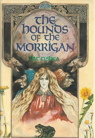The cover for The Hounds of the Morrigan shows a triple goddess, a frog, and hounds stretching their faces down from the knotwork around the lettering of the title.