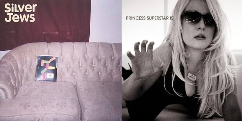First pic: A color photograph, that has a faded, aged look to it, of a faded-pink couch. On the couch, propped up against the back cushion, is what looks like a Trapper Keeper style paper folder. It is black with green, orange, and red rectangles on it, as well as the number 4. Behind the couch are red drapes, or perhaps a blanket, covering a window. Second pic: A black and white photo of a white woman with long straight blonde hair, wearing sunglasses and wearing lipstick and a black bodysuit. She appears to be crawling across a couch, while looking at the camera. One hand is raised in a cat scratch gesture. A gold necklace dangles from her neck.