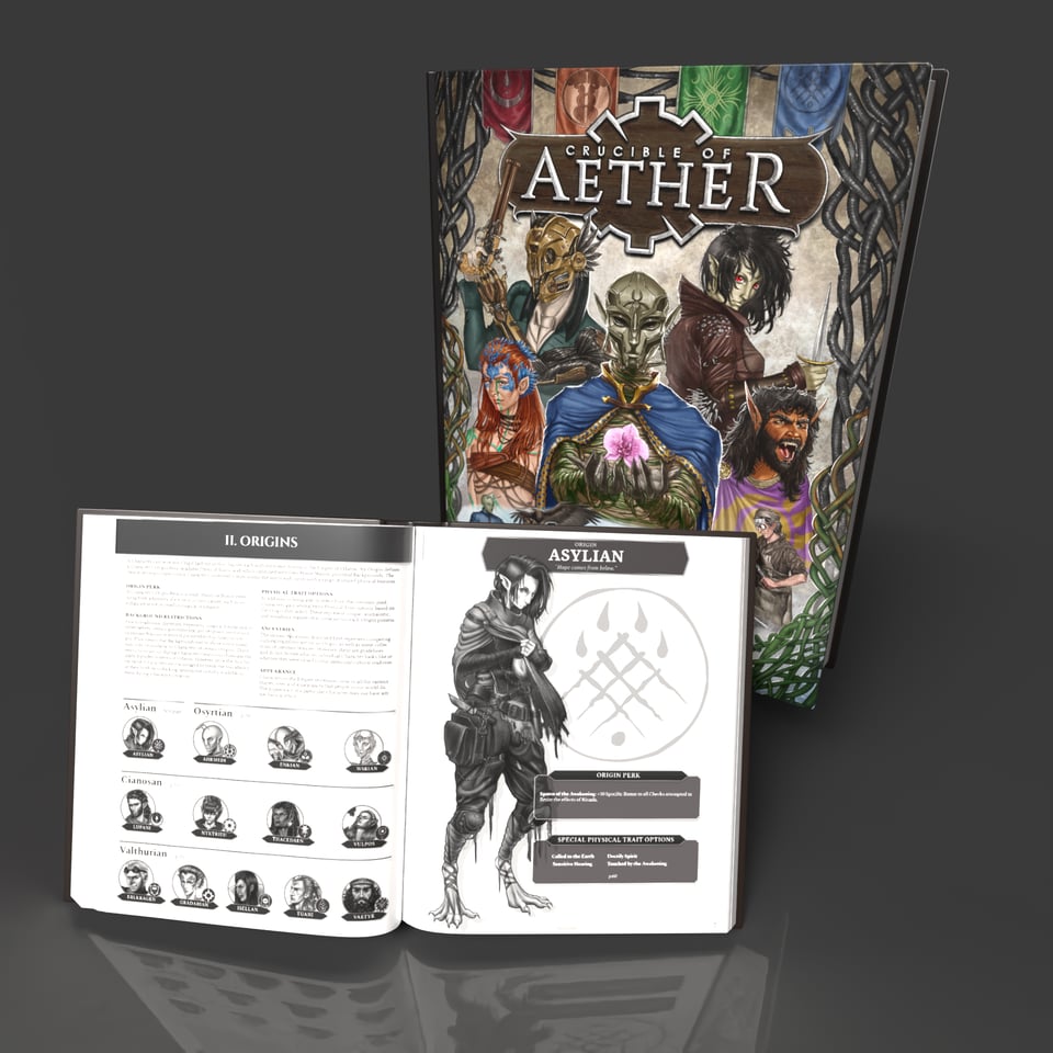 An image depicts a rendering of the rulebook of Crucible of Aether and a second rendering with a page spread of the book open