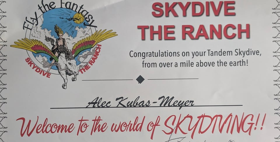 A document congratulating me on my first Tandem Skydive.