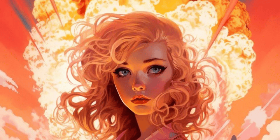 AI image of Barbie with a mushroom cloud behind her.
