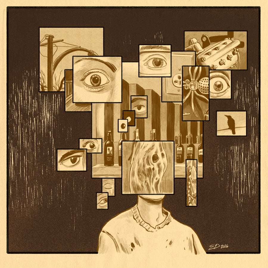 A digital shaded pencil drawing of a figure with their face obscured by a collage of many different images in small frames, including: several eyes, a closeup of a tree trunk, an insect brooch, a streetlamp, and a shelf of wine bottles.