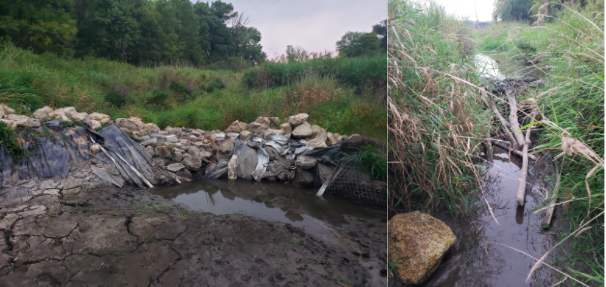 A human-made dam, which was not solving the problem (left), downstream of the new, functional beaver dam (right). / Photos by Steve Dietz