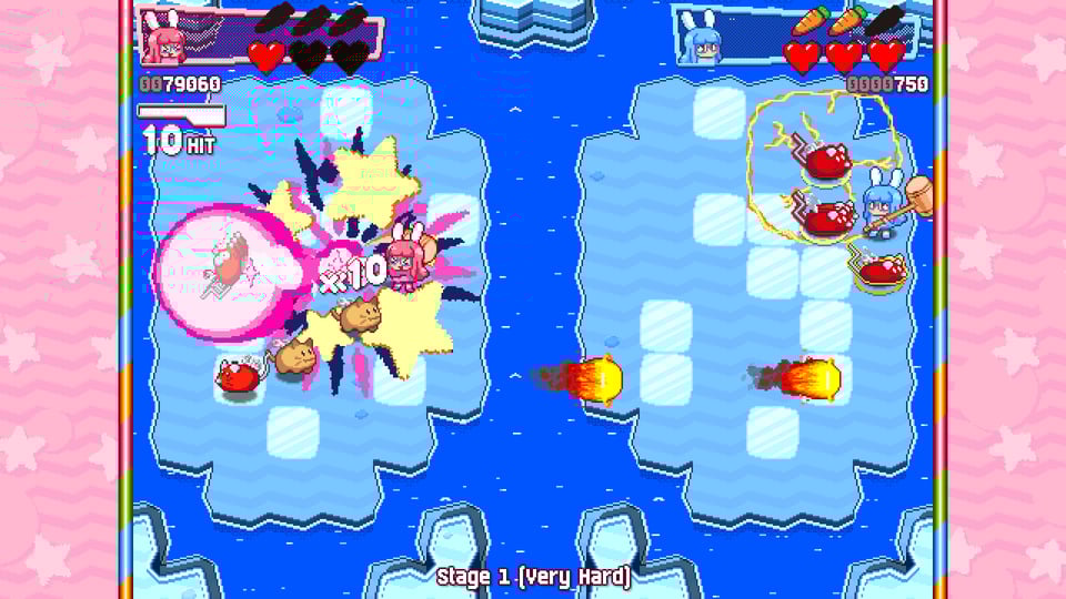 Two players on two separate islands, one on each half of the screen, fighting crowds of enemies