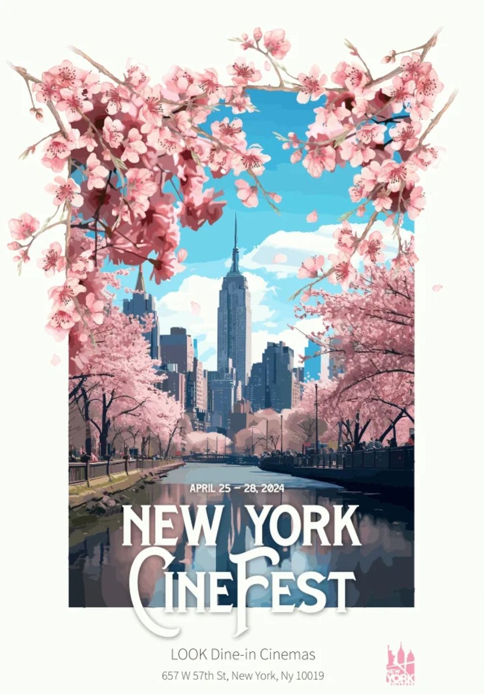 NY Cinefest poster, view of the Empire State building flanked by cherry blossoms