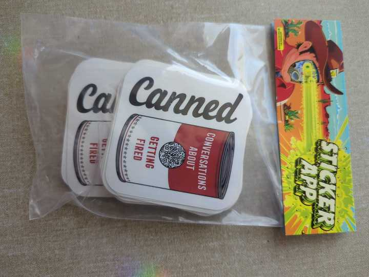 A package of stickers from Sticker App with the CANNED logo.