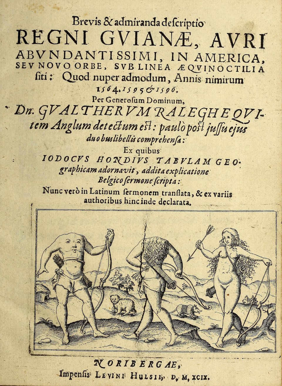 A book title-page with copious amounts of writing in different fonts, some italics, and some all-caps. The bottom third is a scene with three standing figures.