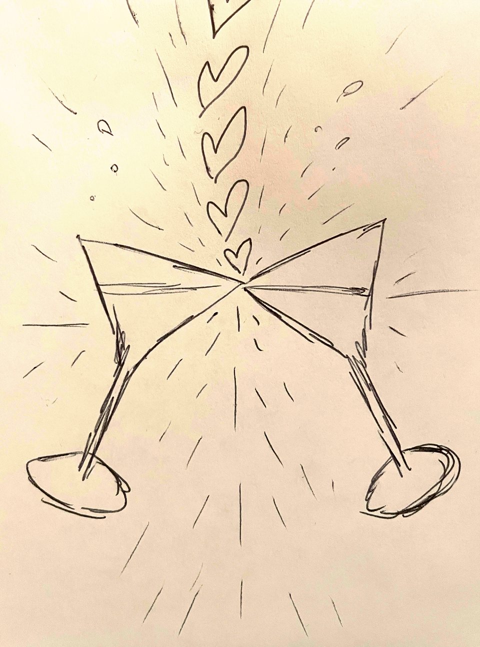 A rough sketch of two cocktail glasses clinking. Hearts and lines of energy burst from the point of contact