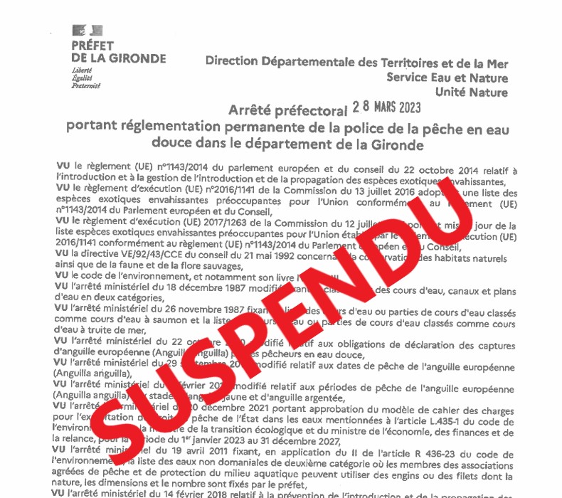 Par décision du Conseil d'État, l'arrêté réglementaire permanent de la pêche en Gironde du 28 mars 2023 est suspendu. En autres, la pêche de la lamproie fluviatile et de l'alose feinte ainsi que l'usage des filets dérivants, des filets fixes et des verveux est suspendu. L'usage des filets dérivants avait déjà été annulé par un jugement du tribunal administratif de Bordeaux.