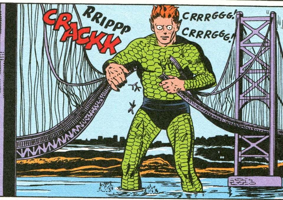 a panel from a comic book showing Jimmy Olsen as Turtle-Man