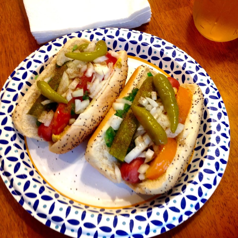 a couple of Chicago-style hot dogs