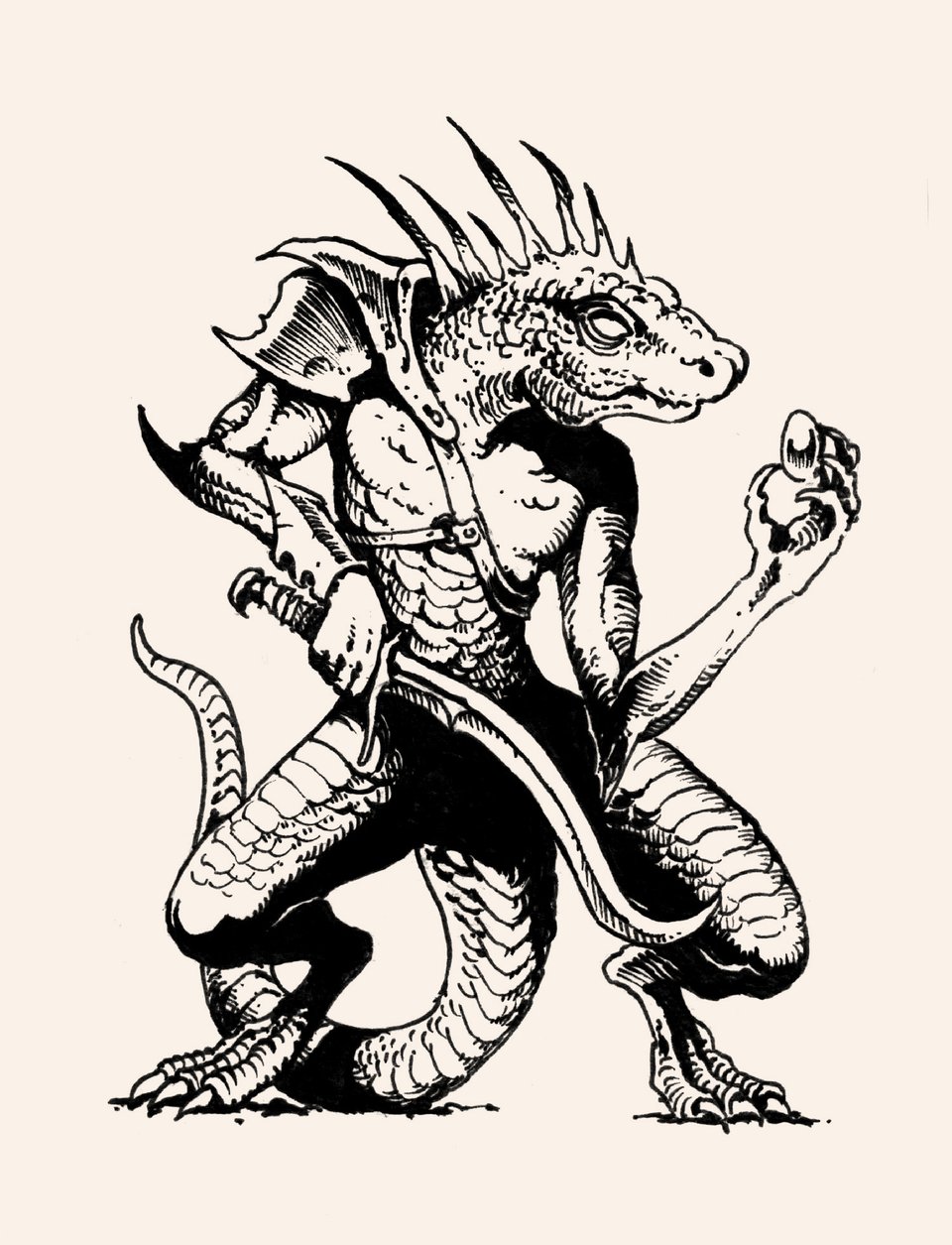 Lizardfolk wearing armor, wielding a curbed sword and holding a round gemstone