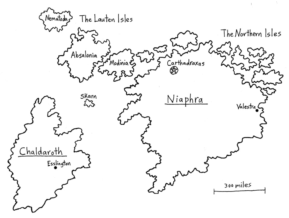 My cute li'l world map I drew, with a couple of main continents and some islands.