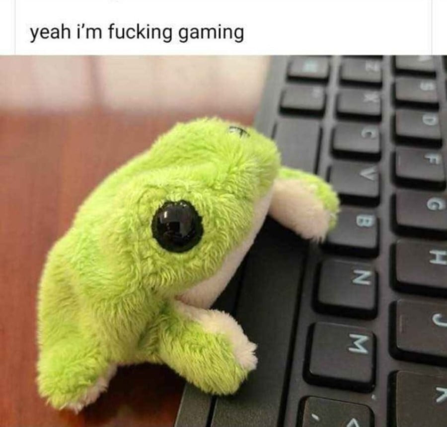 A ridiculously tiny and cute frog soft toy on the spacebar of a black keyboard. Text reads: yeah i’m fucking gaming