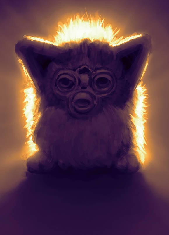 An illustration of a Furby illuminated from behind to give it an overall very sinister look