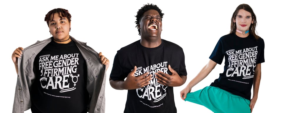 Image of three people wearing ask me about Free Gender Affirming Care shirts.