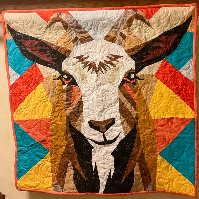 “Minnie”: Pieced by Kathy Ause of Wacouta Township and quilted by Janell Adler of Lake City. This work honors the paddocked goats who spend their summers eating buckthorn in Frontenac State Park, and one in particular, whom many have dubbed White Lightning and whom Ause has named Minnie in her upcoming children’s book (see article below).