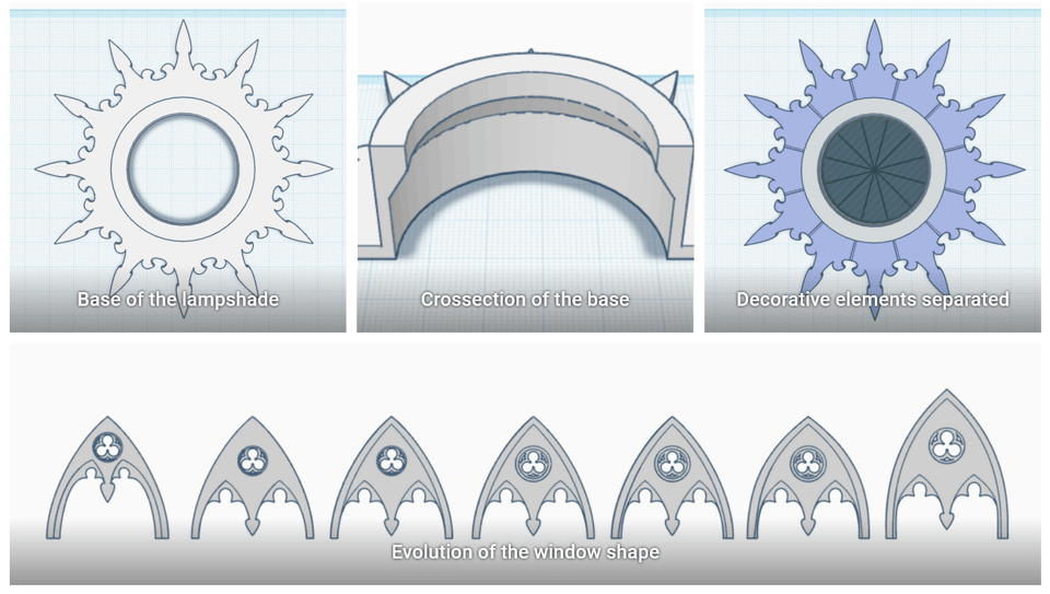 A collage of 4 screenshots from TinkerCAD, showing details of the base of the lampshade, and various prototypes of the window arch