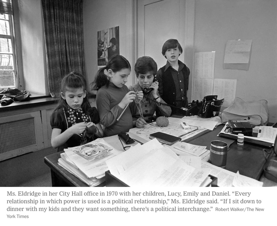 She is survived by three children from her first marriage, Daniel, Emily and Lucy Eldridge; four stepchildren, James, Kevin, Patrick and Christopher Breslin; six grandchildren; six step-grandchildren; and a step-great-grandchild.