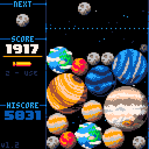 a game screen showing planets colliding and merging into bigger planets